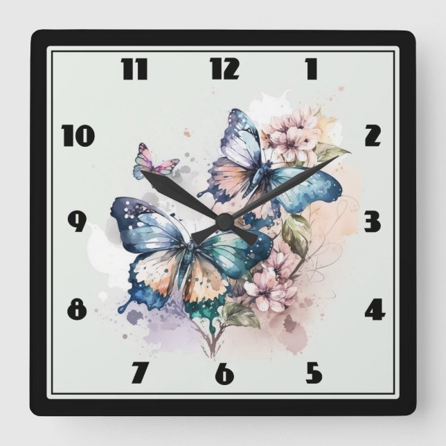 Beautiful Butterflies and Flowers Square Wall Clock (Front)