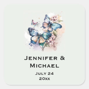 Beautiful Butterflies and Flowers Wedding Date Square Sticker