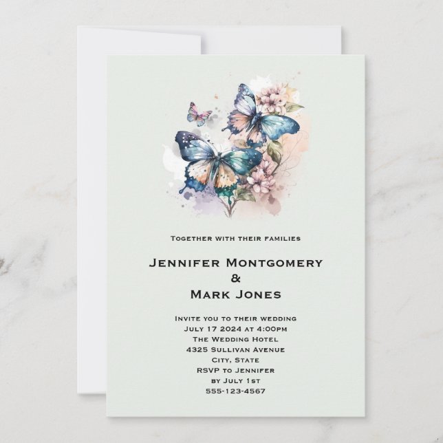 Beautiful Butterflies and Flowers Wedding Invitation (Front)