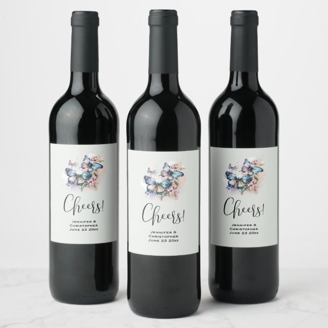 Beautiful Butterflies and Flowers Wedding Wine Label (Bottles)