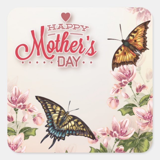 Beautiful Butterflies Floral Mothers Day Square Sticker (Front)
