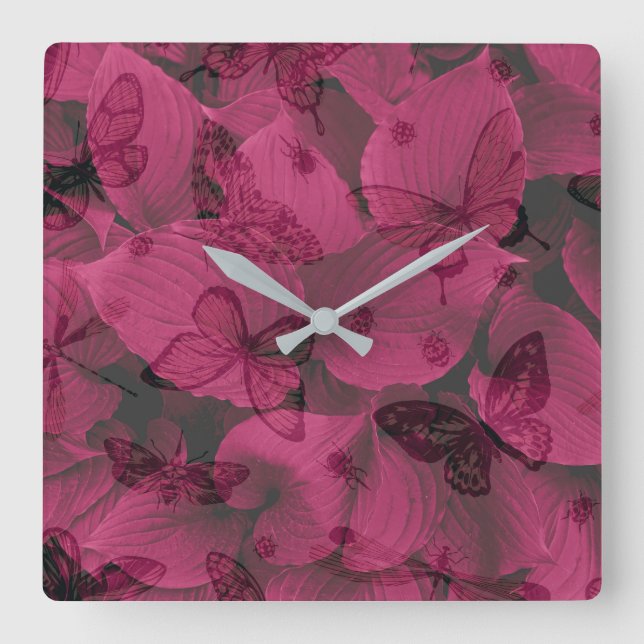 Beautiful Butterflies On A Pink Leaf Pattern  Square Wall Clock (Front)