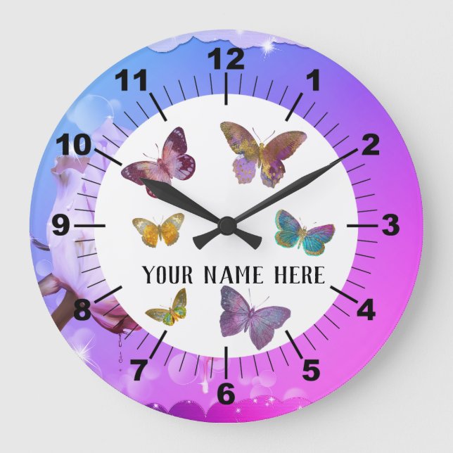 Beautiful Butterflies & Rose Background Large Clock (Front)