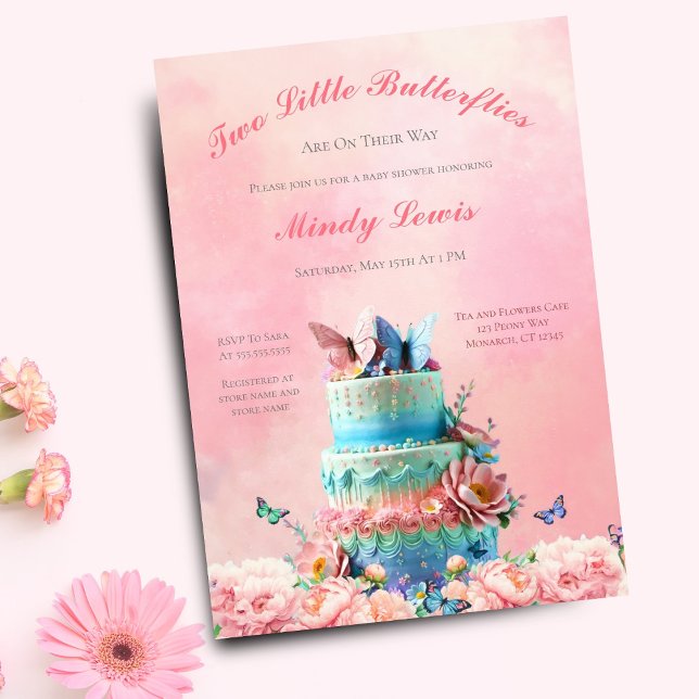 Beautiful Butterflies Twins Baby Shower Cake Invitation (Elegant, whimsical invitation for a memorable twin girls' baby shower.)