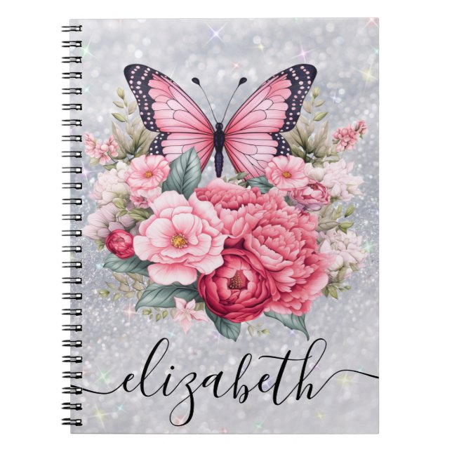 Beautiful Butterfly And Flowers Custom Name Notebook (Front)