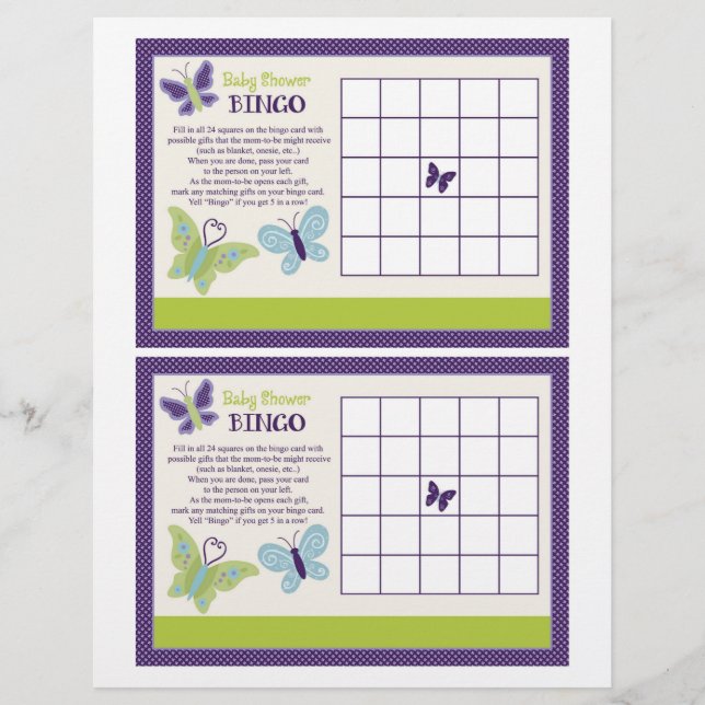 Beautiful Butterfly "Baby Shower Bingo" sheet (Front)