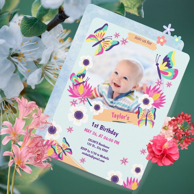 Beautiful Butterfly Birthday Invitation with Photo (Beautiful Butterfly Birthday Invitation with Photo)