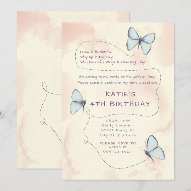 Beautiful, Butterfly Birthday Party Invitations (Front/Back)