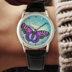 Beautiful Butterfly Blue Sky Stars Custom Name  Watch