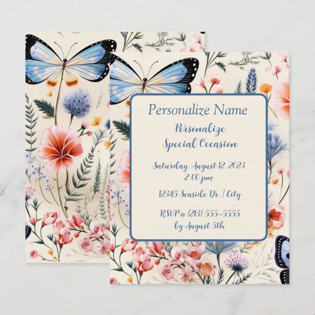 Beautiful Butterfly Flower Garden Floral Design Invitation (Front/Back)