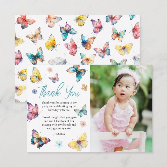 Beautiful Butterfly Girl's Birthday Photo Thank You Card (Front/Back)