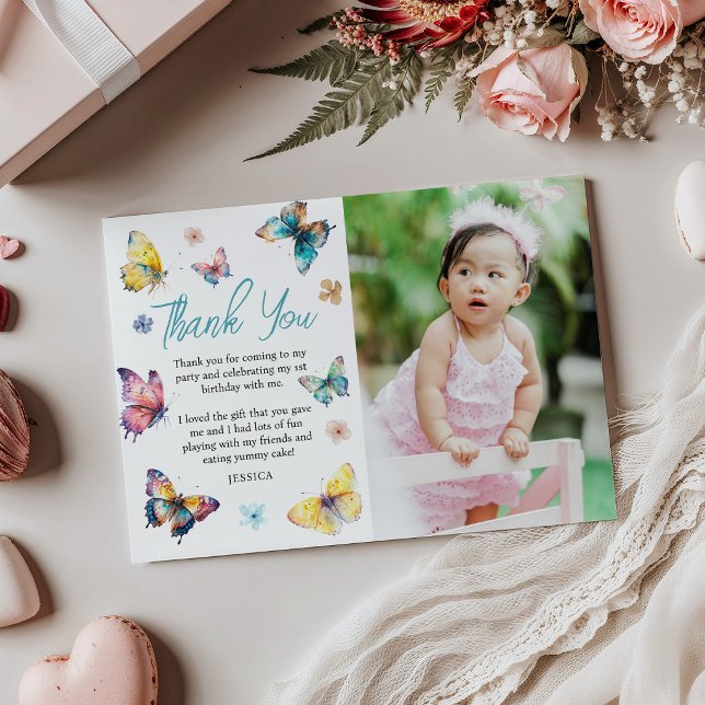 Beautiful Butterfly Girl's Birthday Photo Thank You Card (Creator Uploaded)