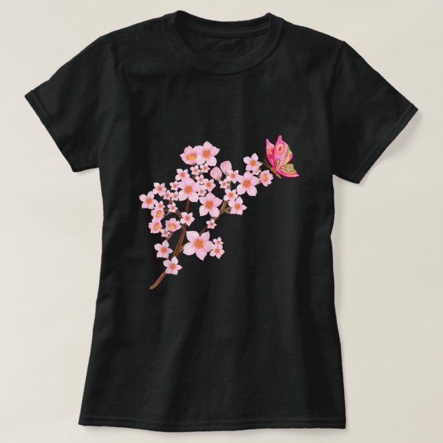 Beautiful Butterfly Japanese Cherry Blossom Sakura T-Shirt (Design Front)