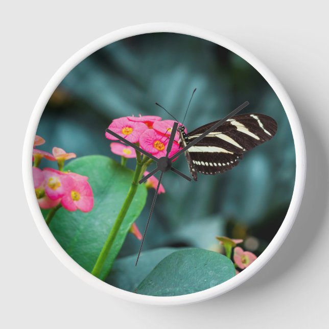 Beautiful butterfly on a pink flower clock (Front)
