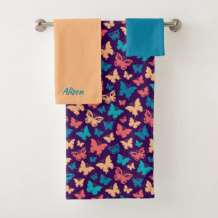 Beautiful butterfly pattern beige turquoise purple bath towel set