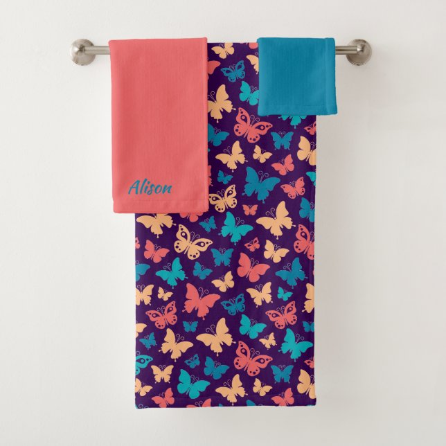 Beautiful butterfly pattern coral turquoise purple bath towel set (Insitu)
