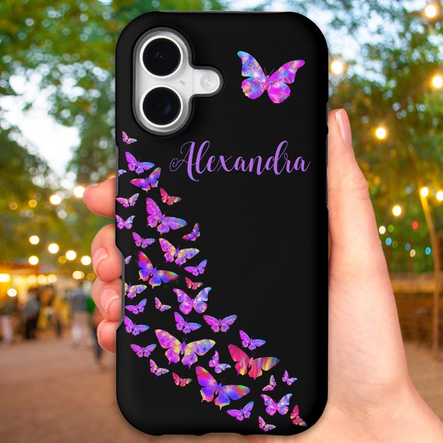 Beautiful Butterfly Pattern Purple add Name (Personalized butterfly pattern black and pink iPhone 17 case)