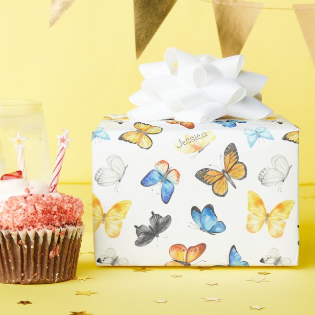 Beautiful Butterfly Pattern with Name Birthday Wrapping Paper (Birthday Party)