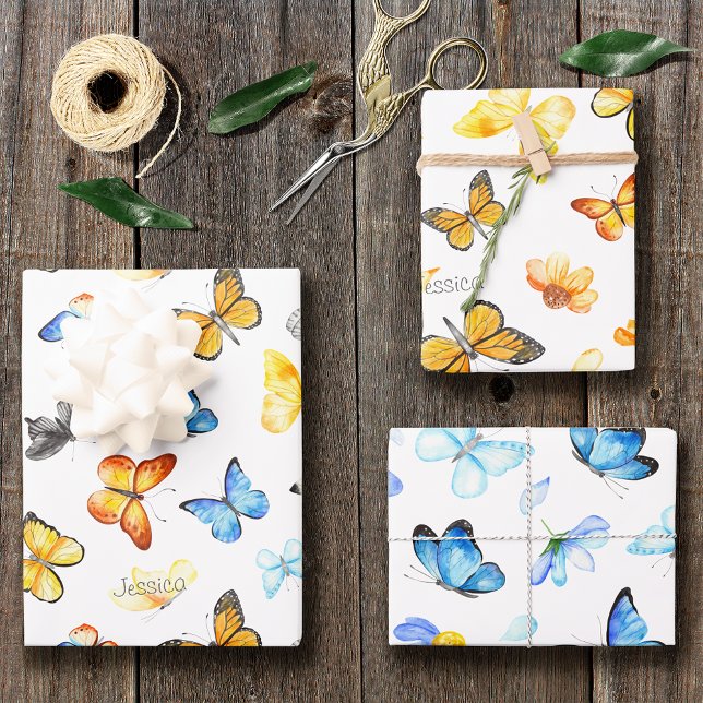 Beautiful Butterfly Pattern with Name Birthday Wrapping Paper Sheet (Creator Uploaded)