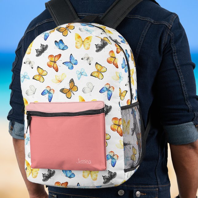 Beautiful Butterfly Pattern with Name Pink Printed Backpack (Creator Uploaded)