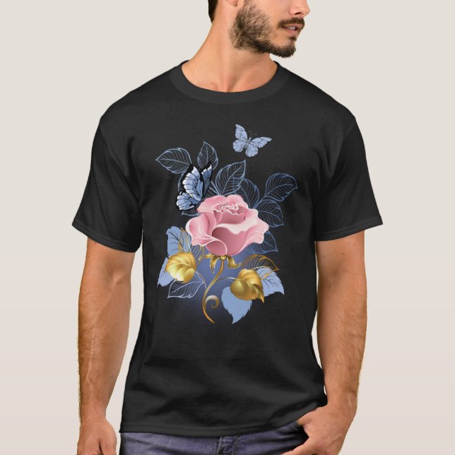 Beautiful Butterfly Pink Roses Butterfly  Flora Wo T-Shirt (Front)
