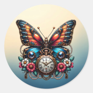 Beautiful Butterfly Pocket Watch and Flowers Classic Round Sticker