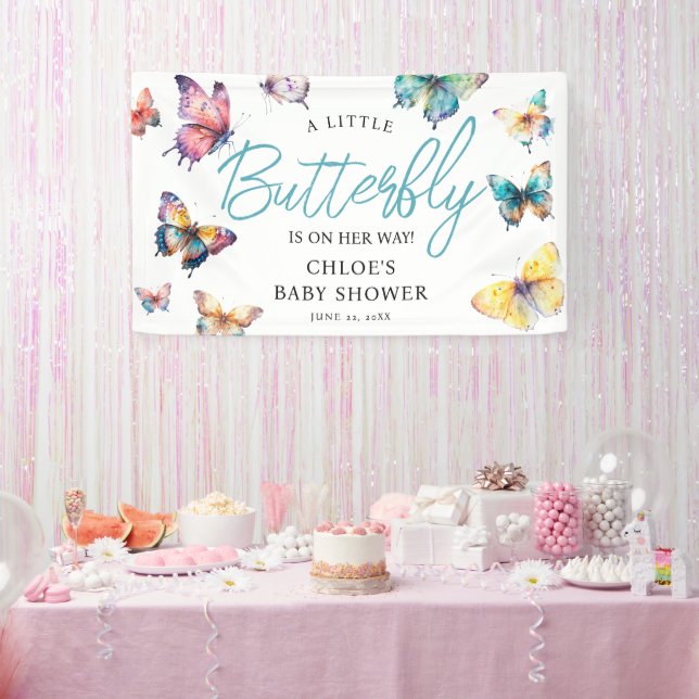 Beautiful Butterfly Watercolor Girl Baby Shower Banner (Party)