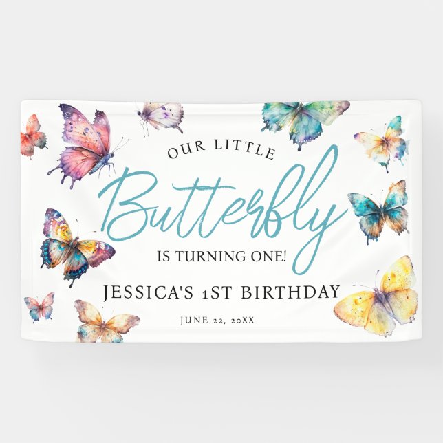 Beautiful Butterfly Watercolor Girl's Birthday Banner (Horizontal)