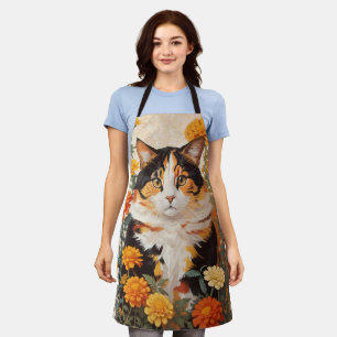Beautiful Calico Cat With Marigold Flowers Apron