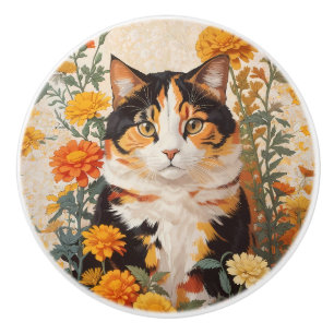 Beautiful Calico Cat With Marigold Flowers Ceramic Knob