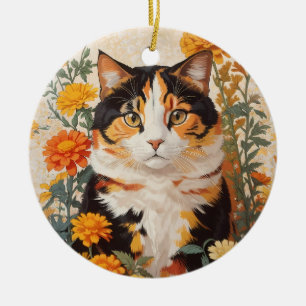 Beautiful Calico Cat With Marigold Flowers Ceramic Tree Decoration