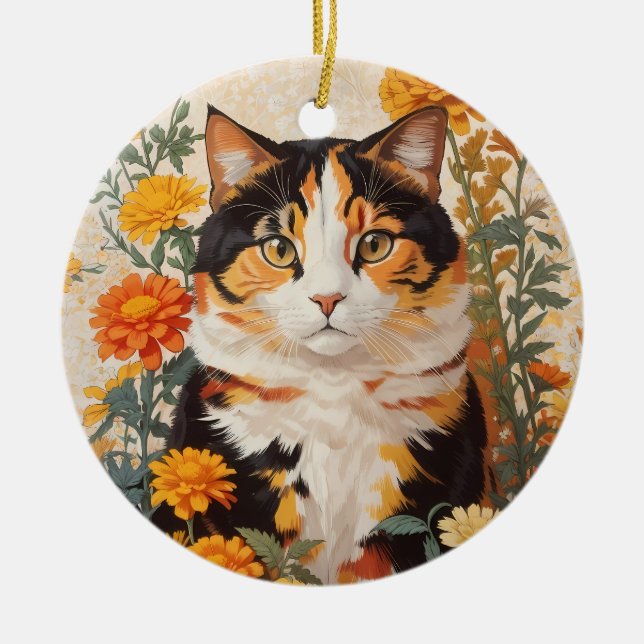 Beautiful Calico Cat With Marigold Flowers Ceramic Tree Decoration (Front)