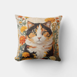 Beautiful Calico Cat With Marigold Flowers Cushion
