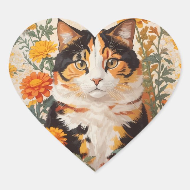 Beautiful Calico Cat With Marigold Flowers Heart Sticker (Front)