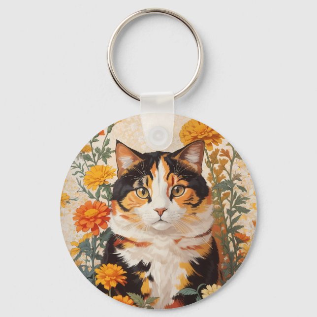 Beautiful Calico Cat With Marigold Flowers Key Ring (Front)