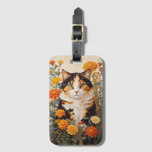 Beautiful Calico Cat With Marigold Flowers Luggage Tag