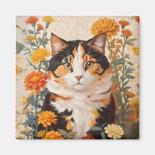 Beautiful Calico Cat With Marigold Flowers Magnet