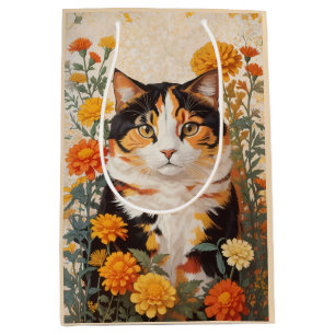 Beautiful Calico Cat With Marigold Flowers Medium Gift Bag