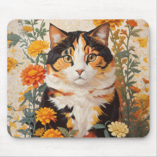 Beautiful Calico Cat With Marigold Flowers Mouse Mat