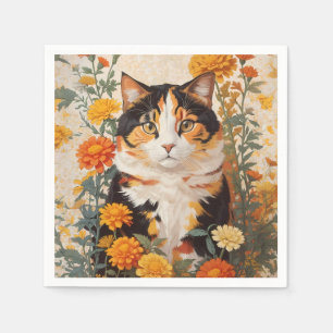 Beautiful Calico Cat With Marigold Flowers Napkin
