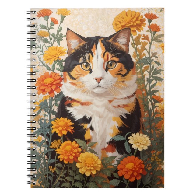 Beautiful Calico Cat With Marigold Flowers Notebook (Front)