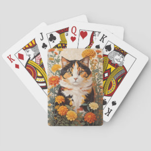 Beautiful Calico Cat With Marigold Flowers Playing Cards