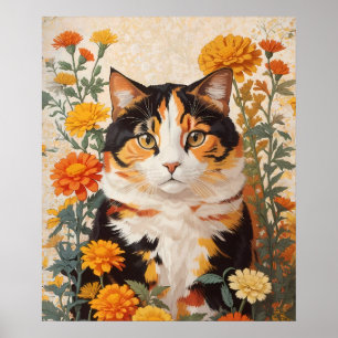 Beautiful Calico Cat With Marigold Flowers Poster