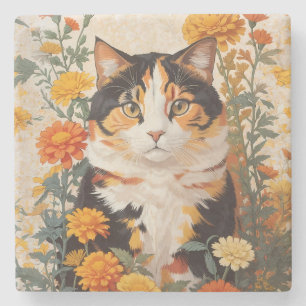 Beautiful Calico Cat With Marigold Flowers Stone Coaster