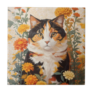 Beautiful Calico Cat With Marigold Flowers Tile