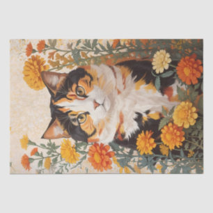 Beautiful Calico Cat With Marigold Flowers Tissue Paper