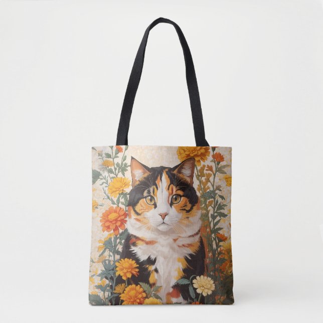 Beautiful Calico Cat With Marigold Flowers Tote Bag (Front)