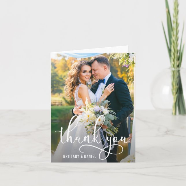 Beautiful Calligraphy Script Wedding Photo Note Thank You Card (Front)