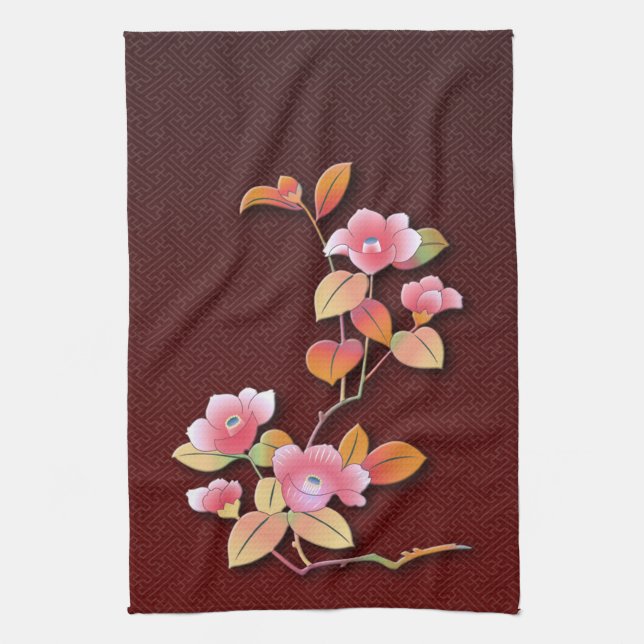 Beautiful camellia branch tea towel (Vertical)