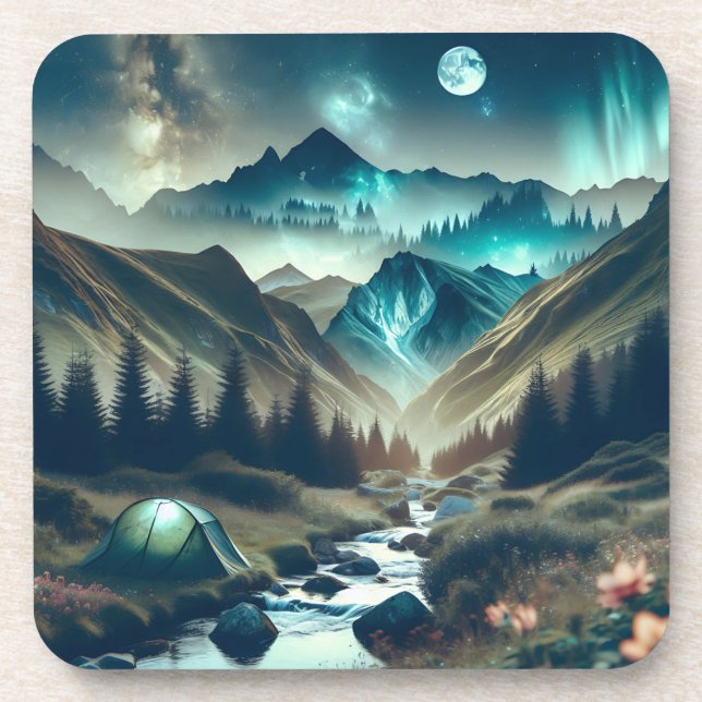 Beautiful Camping Scene with Mountains and Tent Coaster (Front)